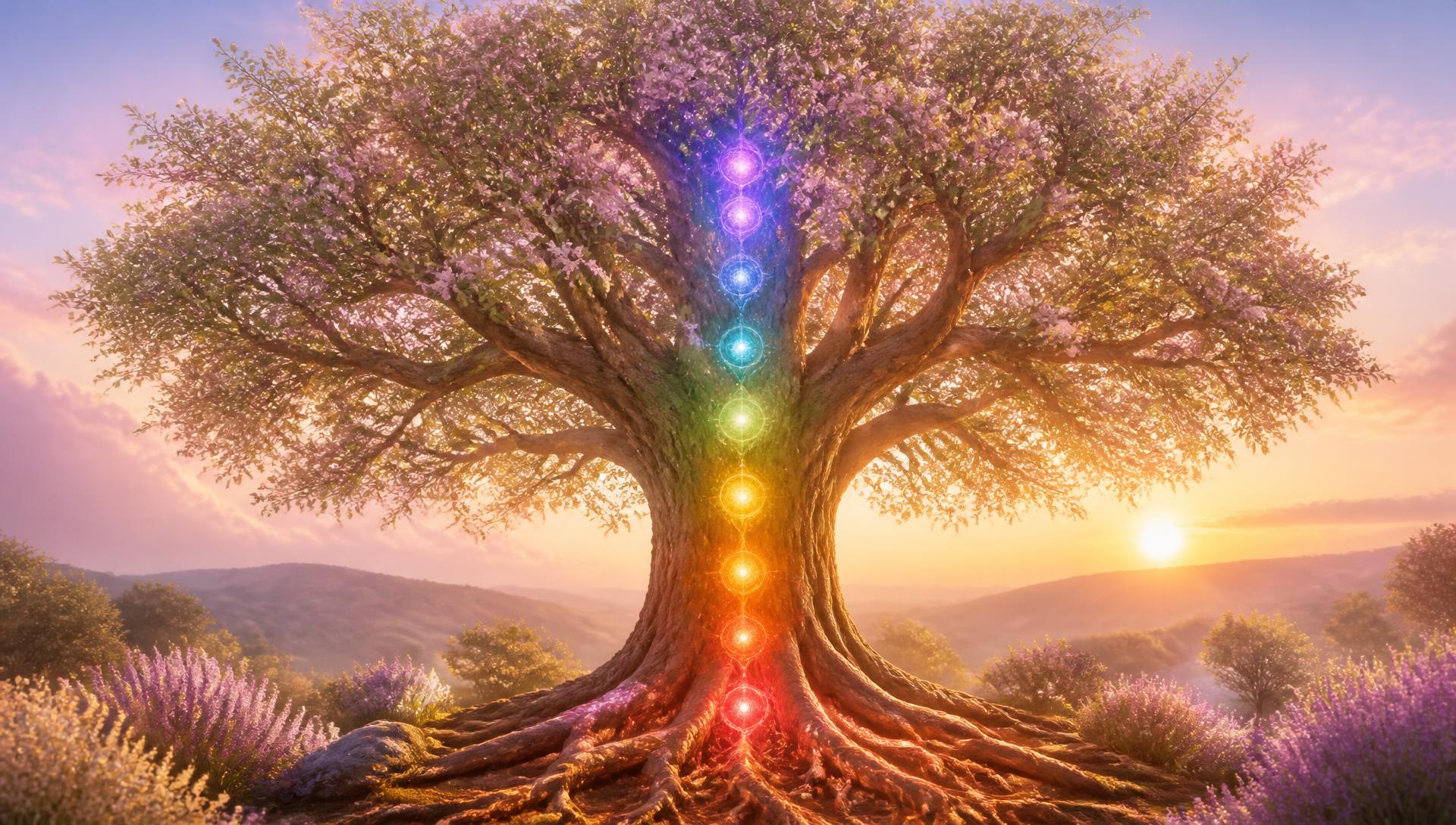 Bright oak Tree of Life glowing with warm sunrise light and subtle chakra energy rising from its roots to its crown