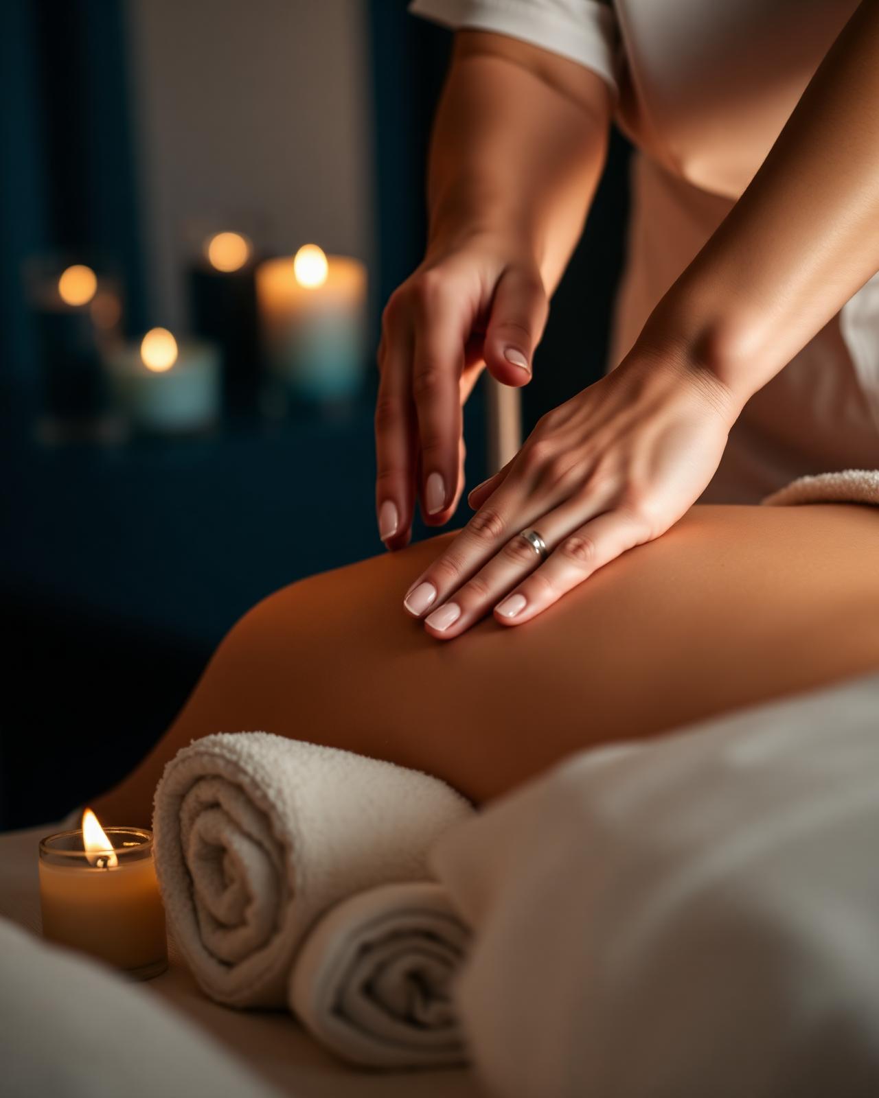 Therapist's hands performing therapeutic massage beside warm rolled towels in candlelight