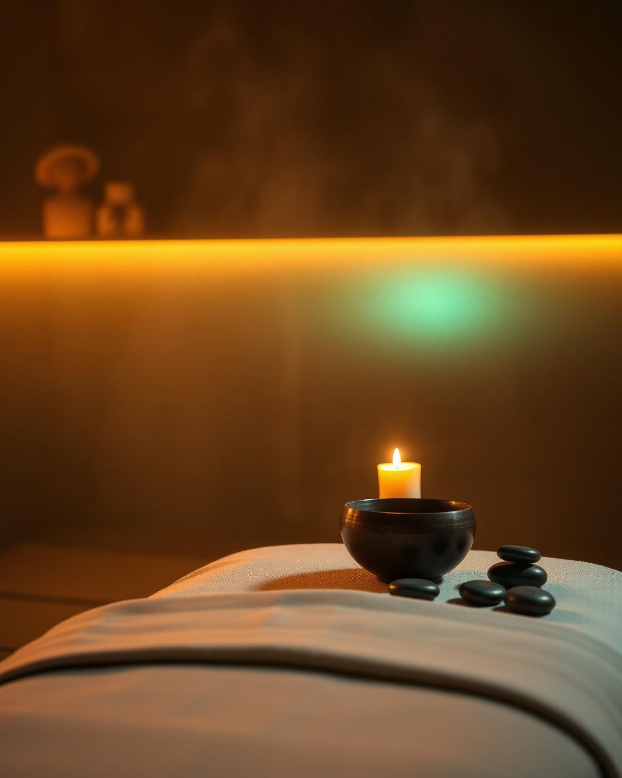 Peaceful treatment room with a singing bowl, hot stones and a single candle