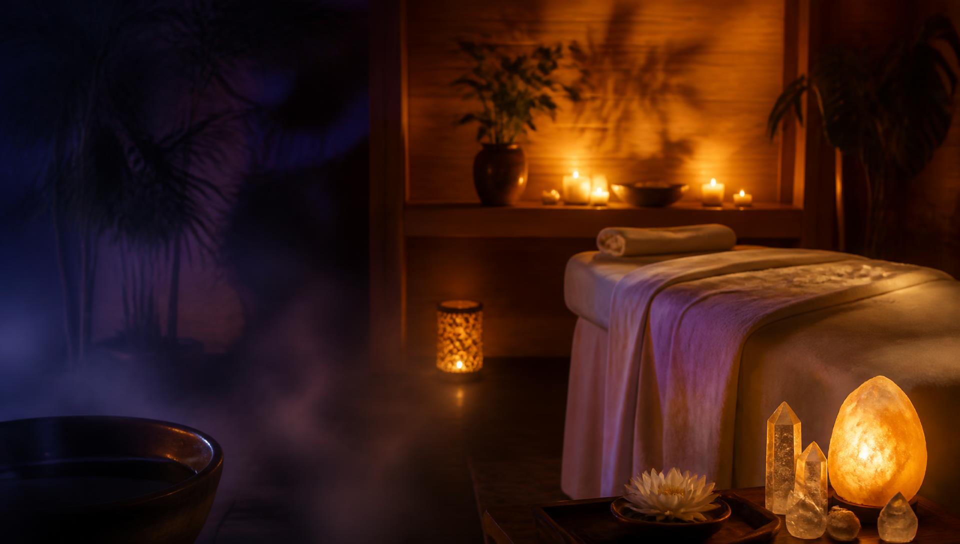 Candlelit massage sanctuary at twilight with warm salt-lamp light, crystals and a lotus flower